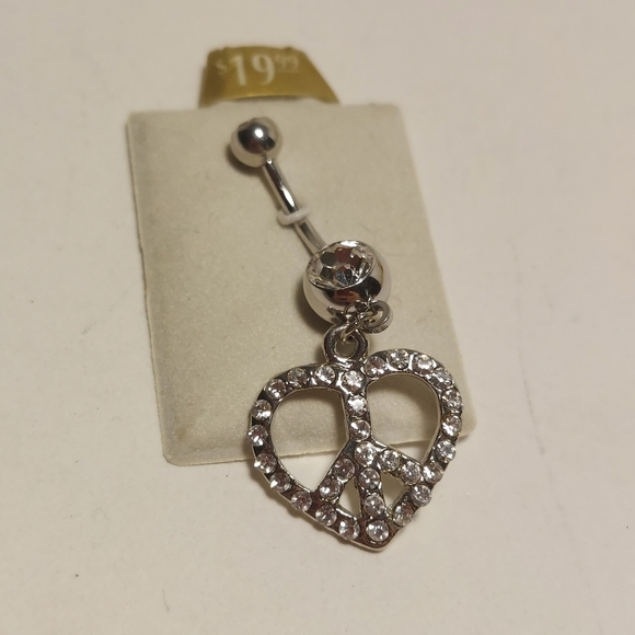 Belly Button Piercing Stainless Steel Peace Sign Heart Silver Rhinestones - Picture 1 of 6